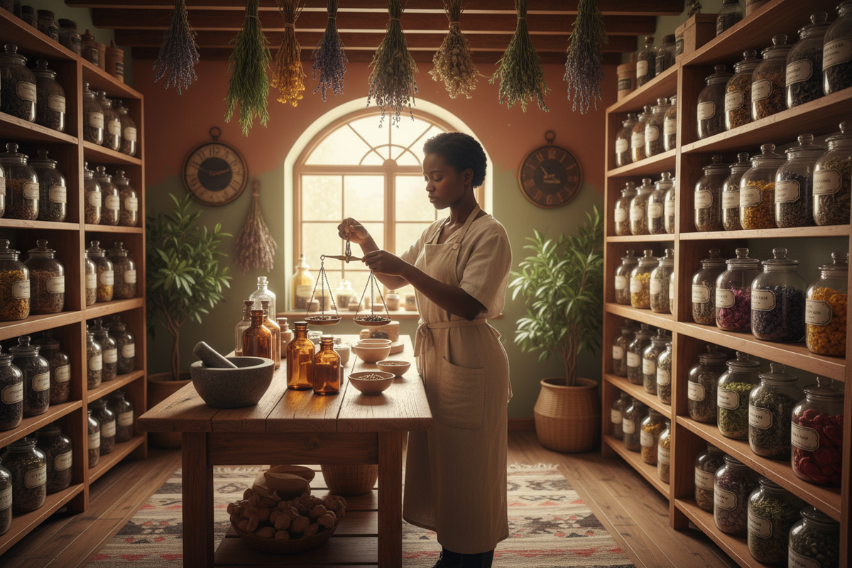an image of a black woman working diligently in her apothecary